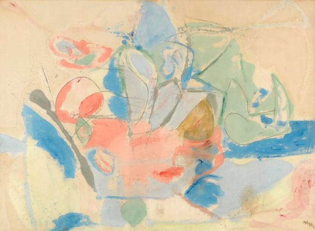 Helen Frankenthaler painting of tan background various abstract flowers peach and green and blue