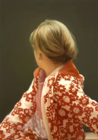 Gerhard Richard's Painting "Betty", Woman in red and white sweatshirt looking away