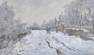 Winter sceene painting two people walking white gray tan brown