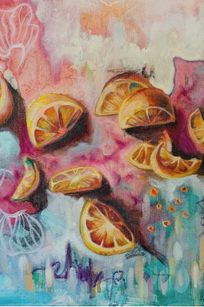 abstract painting of lemons pink and teal background colors