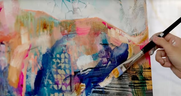 under painitng blue pink brush on canvas 