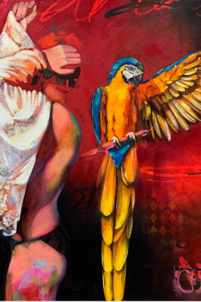 red dominate painting of person dressing and macaw