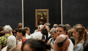 Museum with people and Mona Lisa