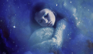 Girl hugging a moon in night sky