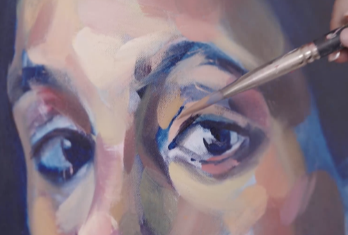 Portrait painting focused on eyes blue tan pink purples