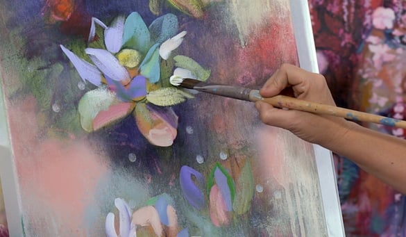 hand painting purple pink yellow greeen lotus on pink canvas