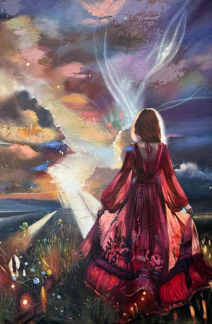 A painting of woman standing with back facing a sunrise sky