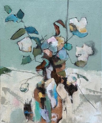 abstract painting of Cotton blooms cream blue green 