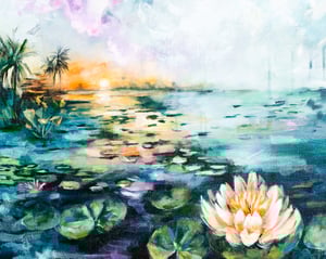 Abstract realism water scene blue green yellow and waterlilies 