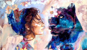 Painting of girl with flowers and black blue leopard