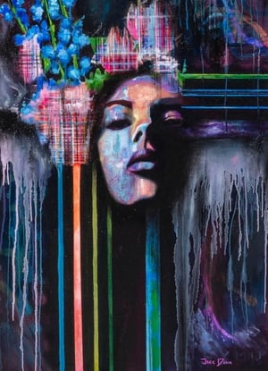 portrait on black background with orange pink and blue