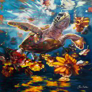 Turtle swimming in sea oil painting with yellow marigolds floating
