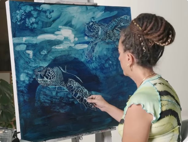 Woman painting Underpainting Turtles blue