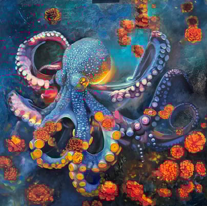 Garden of Dreams painting of blue and yellow octopus orange marigolds under sea environment 