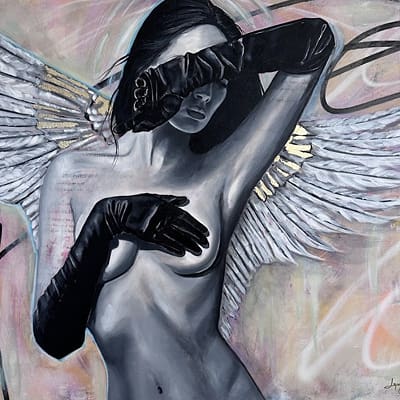Student Work by Lynn Hurley Black and white painting of woman wearing black gloves and white gold wings