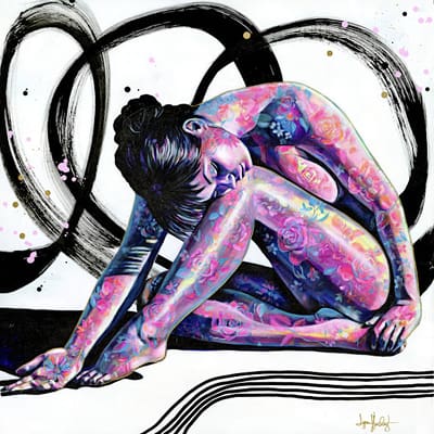 painting of woman with pink blue flowers on skin