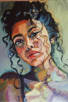 Painting of a woman with curly hair