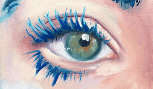 Painting of eyeball with blue lashes green eye