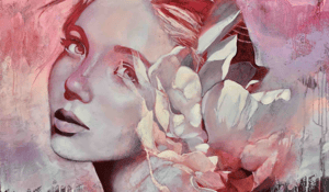 Painting of girl and flower pink cream