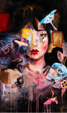 portrait of asian woman lizar butterflies black pink blue abstract brush strokes