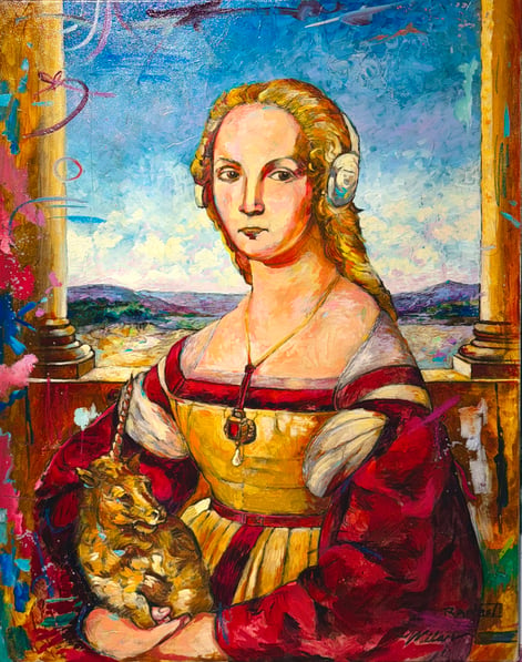 Renaissance style of painting of woman in red gold dress holding animal 