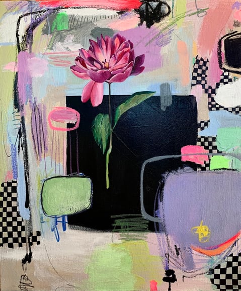 abstract painting of pink flower checker patterns