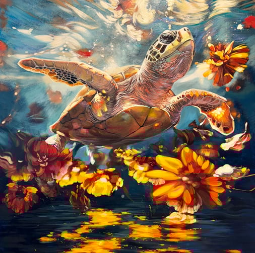 painting of turtle swimming in blue water with yellow flowers