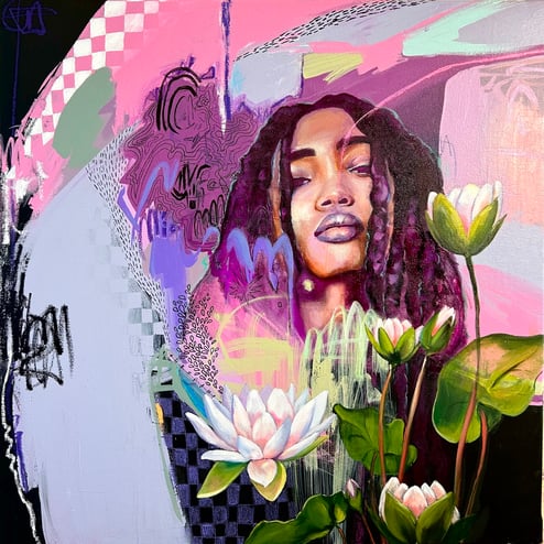 Painitng of loctus and portrait of woman with purple tones hair abstract background