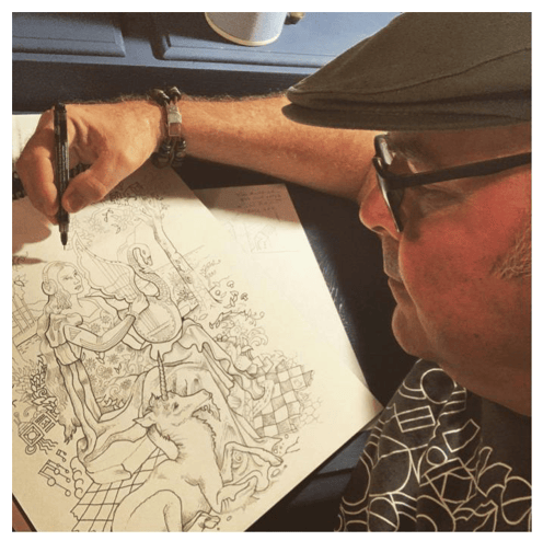 john Milan with hat sketching on drawing pad