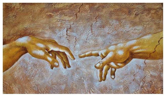 two hands gold touching referencing Adam and God