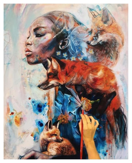 foxes and portrait with hand painting orange blue