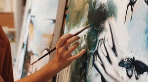 hand holding painitng brush in front of art canvas the canvas has a hand painted with earth tones and pops of teal color