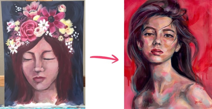 Before and after painted portrait of woman one with pink flowers on with red background