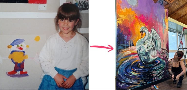 Before and after of child drawing and adult painting of swan