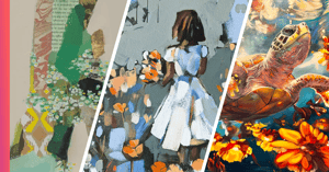 Collection of paintings girl with foloowers abstract turtle painting 