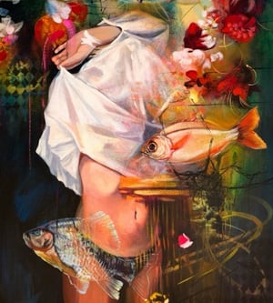 painting of woman torso and fish abstract red yellow white