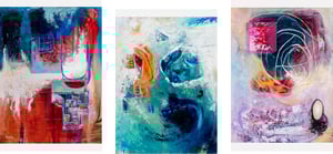 three bold colored abstracts on paper