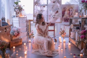 Girl sitting in room with romanic stylepaintings and lit candles pink white cream