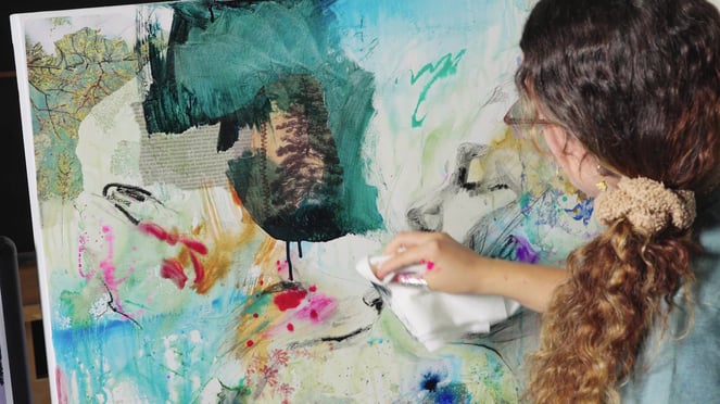 woman making Mixed Media Painting green painting