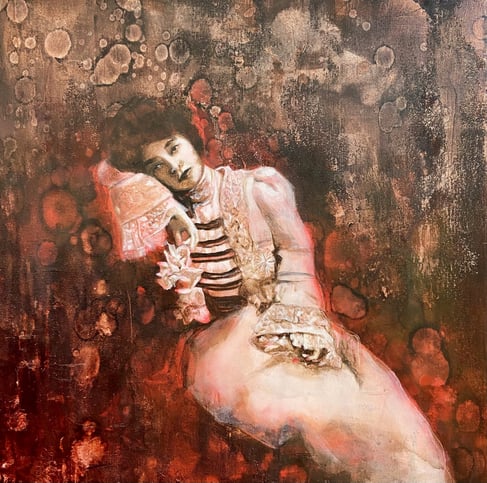 painting of woman sitting in pink dress with maroon red background