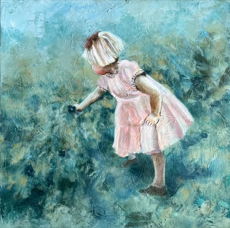 Painting of little girl in pink dress picking flowers in a green garden