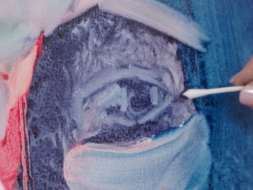 Underpainting of eye purple pink and blue base