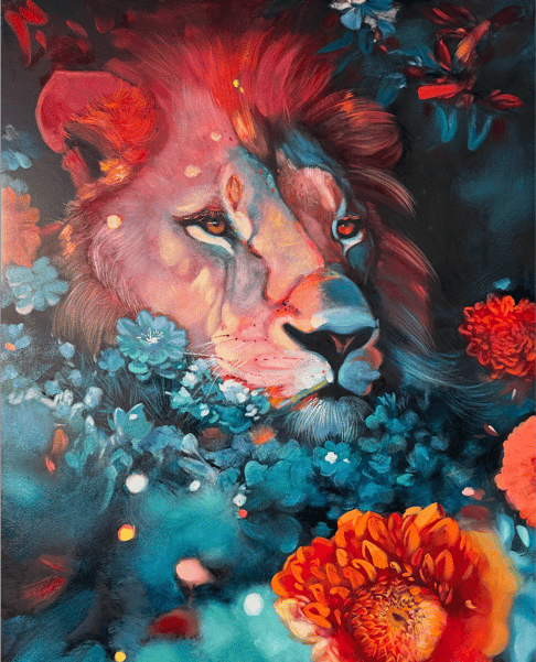 lion teal red orange flower painitng 