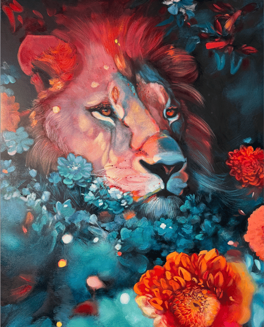 Painting of red pink lion in blue flowers 