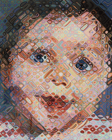 Emma by Chuck Close, painting of abstract child portrait