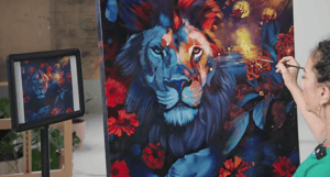 Lion painting of red blue with artist painting