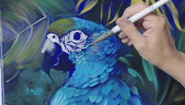 hand painting with paintbrush blue green bird