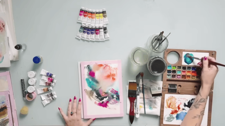 overhead watercolor art setup