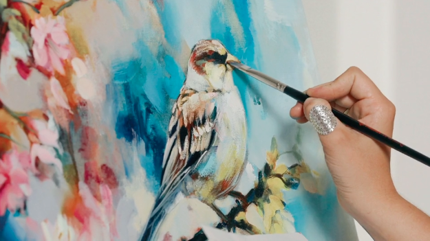 hand painiting brown white black bird on canvas with flower background