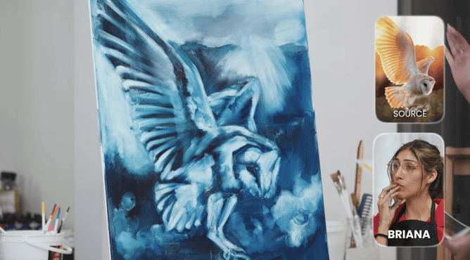 Painting underpainting in blue and white highlights with source photo and contestant photo Briana